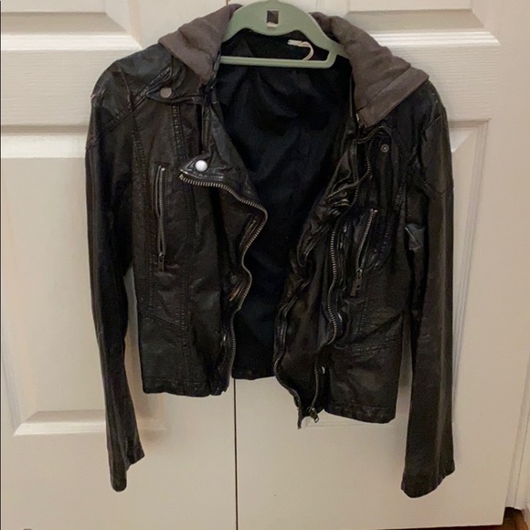 Free People black faux leather jacket with hood